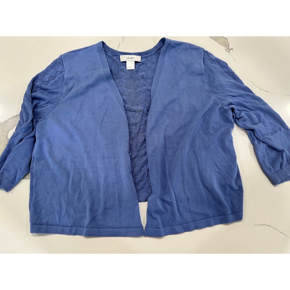 cj banks Blue Pointelle Back Open Front Cardigan 3/4 Sleeve Size X